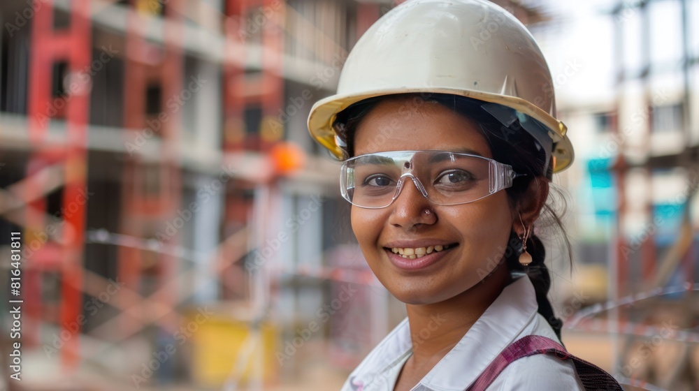 a young Indian female engineer with a warm smile, wearing safety glasses and a hard hat, a young Indian female engineer with a warm smile, wearing safety glasses and a hard hat,