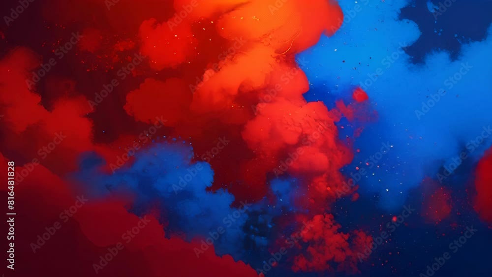 Red background with particles. Fire-style particles, red smoke on a blue background. Red background with particles. Fire-style particles, red smoke on a blue background.
