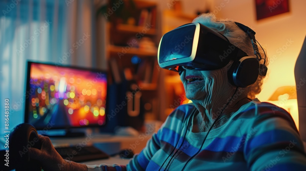 A senior woman wearing headphones and a virtual reality headset, A senior woman wearing headphones and a virtual reality headset,