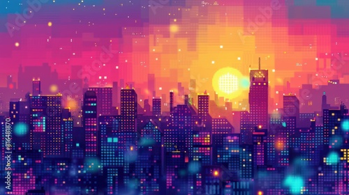 cityscape at sunset  with the buildings glowing in vibrant colors watercolor painted background 