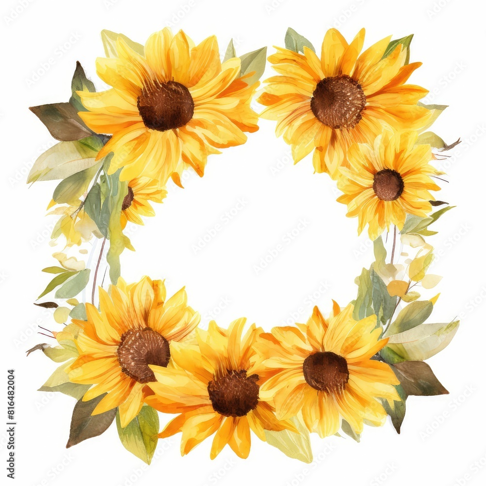 sunflower themed frame or border for photos and text, bold yellow petals and a brown center.. watercolor illustration, sunflower bouquet arrangement for wedding. sunflower themed frame or border for photos and text, bold yellow petals and a brown center.. watercolor illustration, sunflower bouquet arrangement for wedding.
