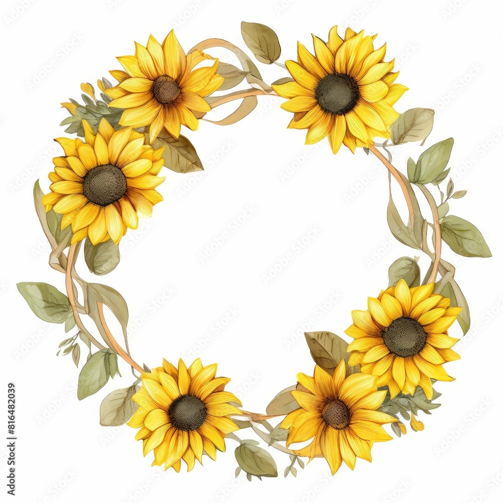 sunflower themed frame or border for photos and text, bold yellow petals and a brown center.. watercolor illustration, sunflower bouquet arrangement for wedding. sunflower themed frame or border for photos and text, bold yellow petals and a brown center.. watercolor illustration, sunflower bouquet arrangement for wedding.