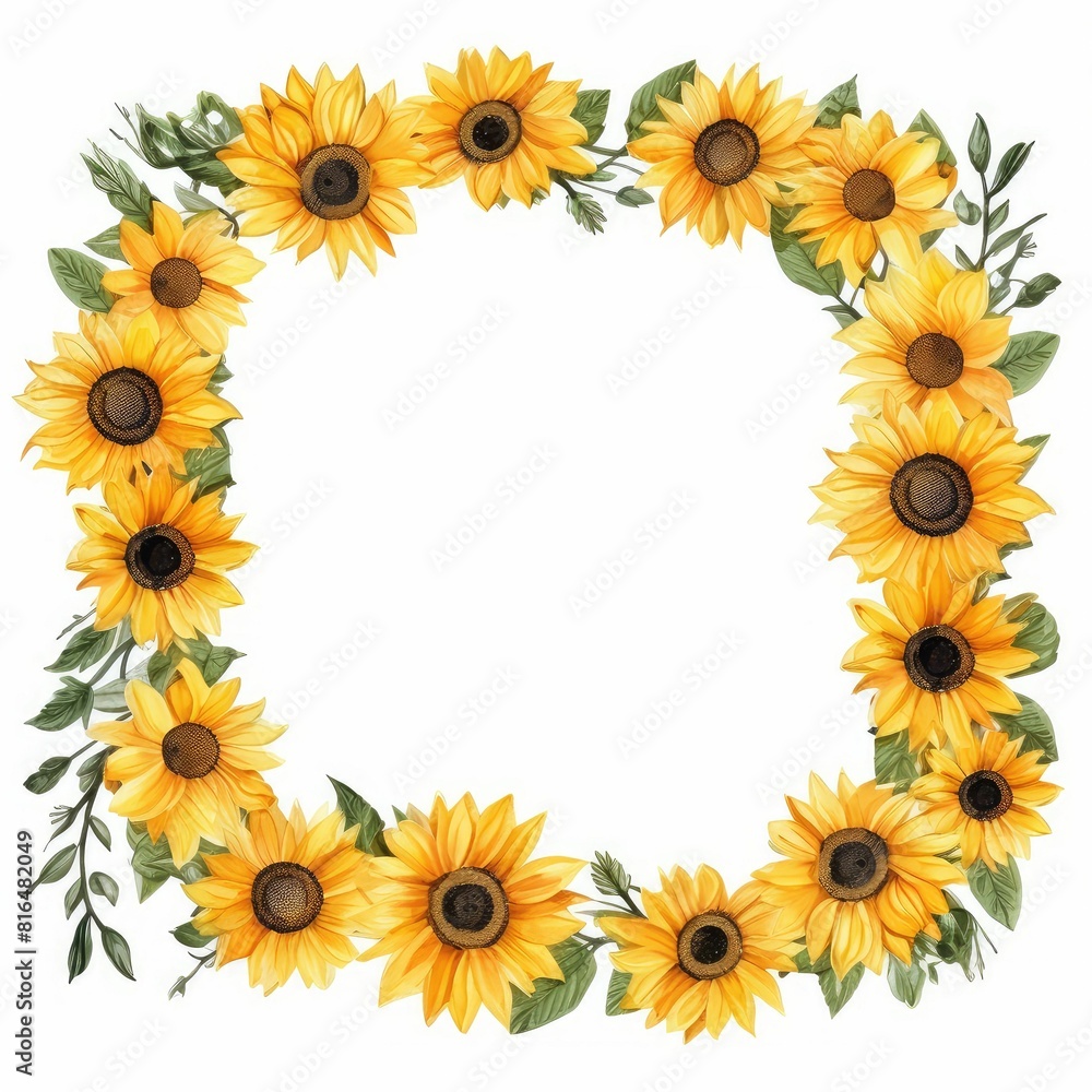 sunflower themed frame or border for photos and text, bold yellow petals and a brown center.. watercolor illustration, sunflower bouquet arrangement for wedding. sunflower themed frame or border for photos and text, bold yellow petals and a brown center.. watercolor illustration, sunflower bouquet arrangement for wedding.