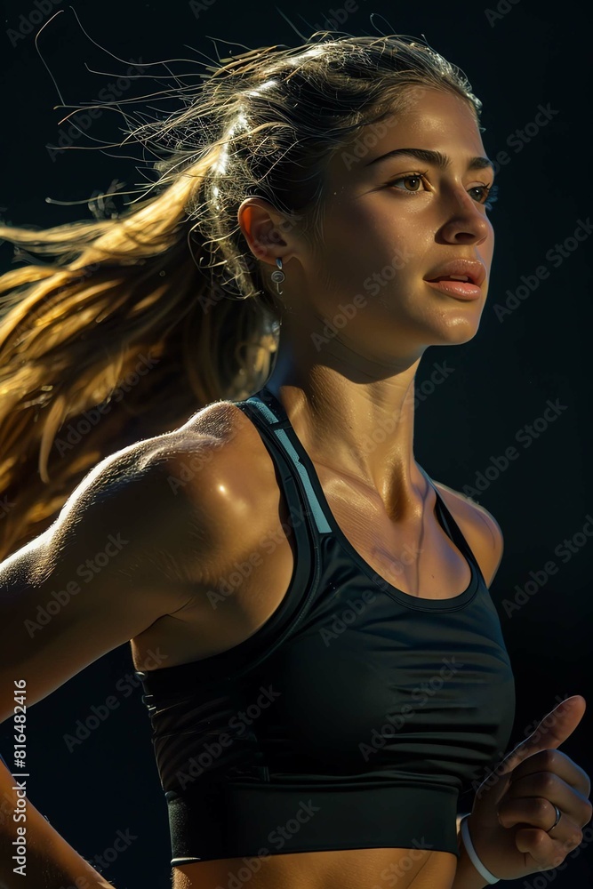 A woman in athletic gear, running with determination against a dark background, her hair flowing behind her A woman in athletic gear, running with determination against a dark background, her hair flowing behind her