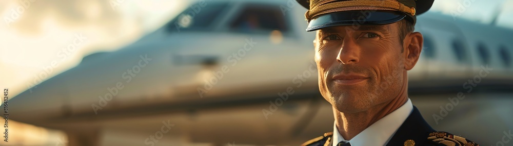 Airline pilot in uniform before a jet, proud stance, clear day, medium shot, crisp focus, confident expression Airline pilot in uniform before a jet, proud stance, clear day, medium shot, crisp focus, confident expression