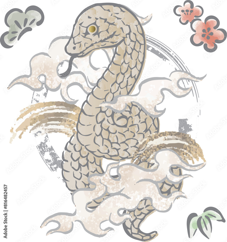 Obraz premium 2025年賀状 巳年 巳 蛇 へび 水墨画 浮世絵 日本画 手描き イラスト素材