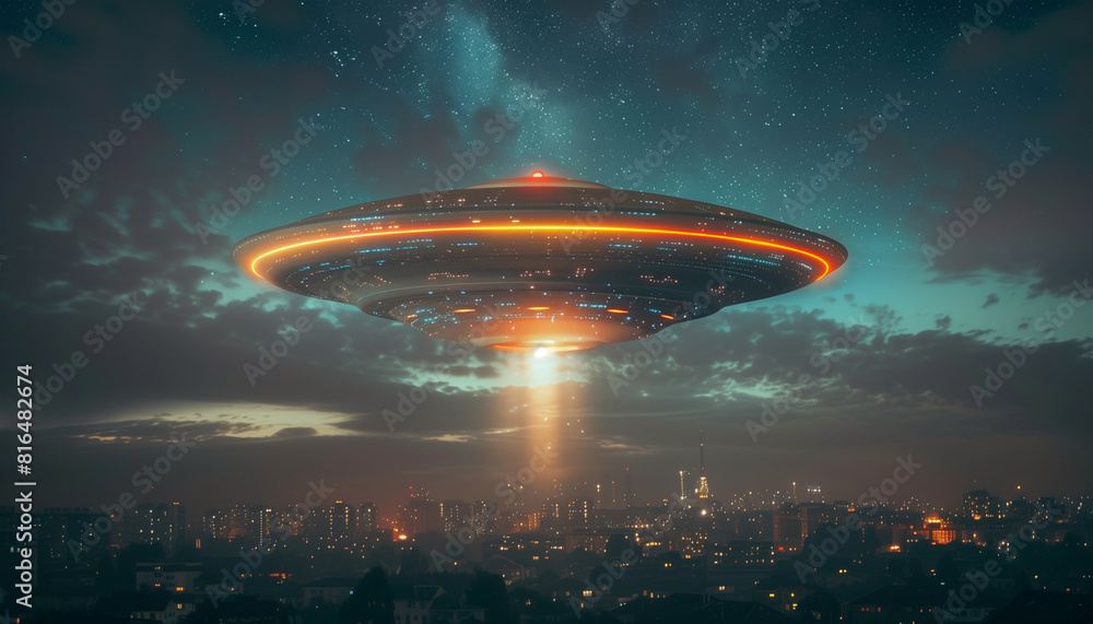 Magnificent depiction of a ufo hovering above a nighttime city skyline, bathed in cosmic light and mystery, perfect for world ufo day celebrations and the curious minds of scifi enthusiasts Magnificent depiction of a ufo hovering above a nighttime city skyline, bathed in cosmic light and mystery, perfect for world ufo day celebrations and the curious minds of scifi enthusiasts