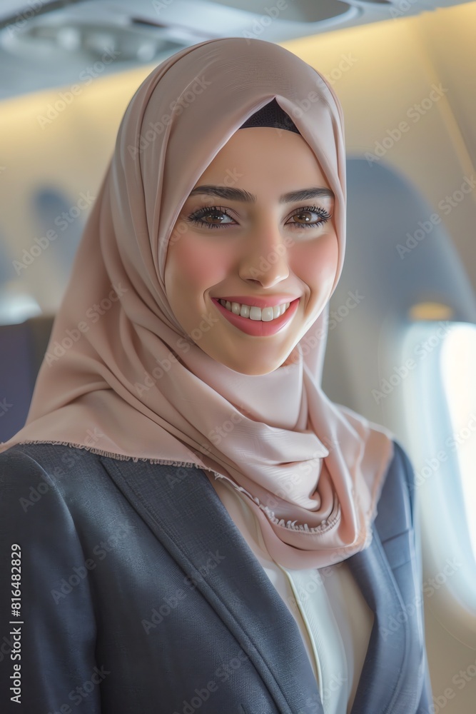 Flight attendant in hijab, airplane cabin, warm welcoming smile, professional attire, soft interior light Flight attendant in hijab, airplane cabin, warm welcoming smile, professional attire, soft interior light