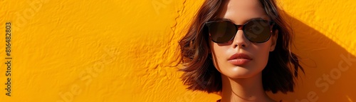 Fashionable young woman in sunglasses standing against a vibrant orange wall, minimalist style, summer chic