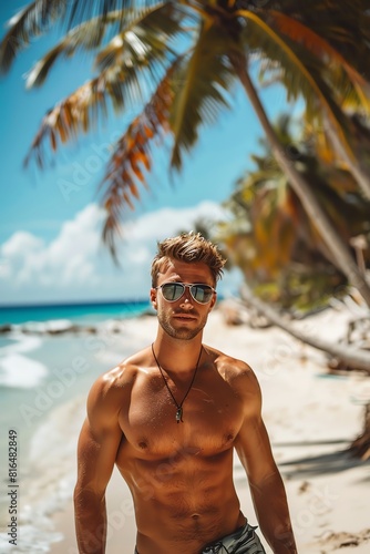 Fit man with sunglasses on a tropical beach, palm trees and blue ocean in the background