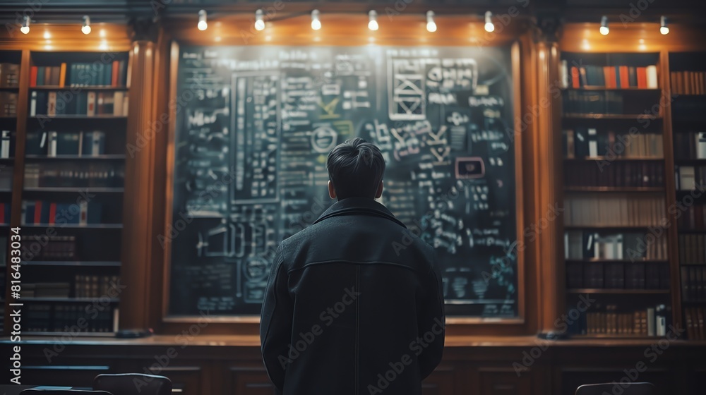 Man facing a blackboard filled with complex equations, moody library backdrop, back view, ambient lighting Man facing a blackboard filled with complex equations, moody library backdrop, back view, ambient lighting