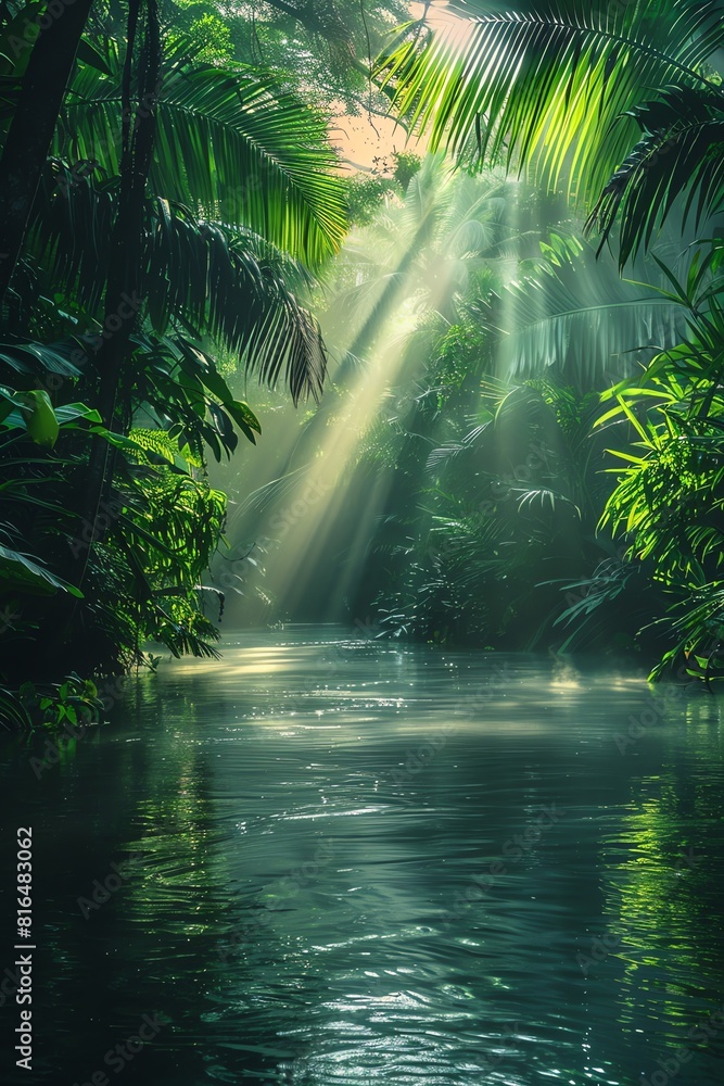 Mystical river in a dense jungle, sunrise creating light rays through the mist, vibrant greens, panoramic perspective Mystical river in a dense jungle, sunrise creating light rays through the mist, vibrant greens, panoramic perspective