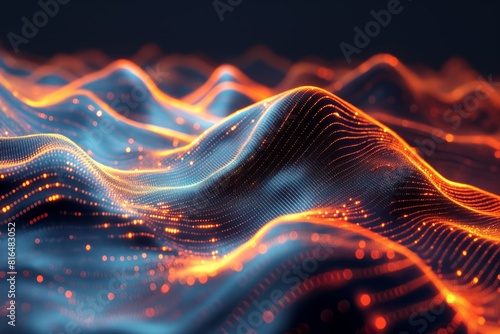 Stunning digital artwork of a futuristic landscape, featuring glowing red and orange waves under a starry night sky.
 photo