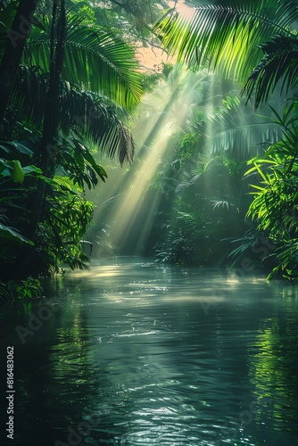 Mystical river in a dense jungle  sunrise creating light rays through the mist  vibrant greens  panoramic perspective