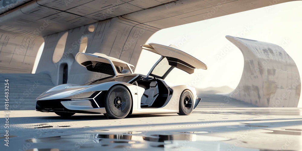 Fototapeta premium White futuristic sports car with open gullwing doors, minimalist architecture setting, bright daylight