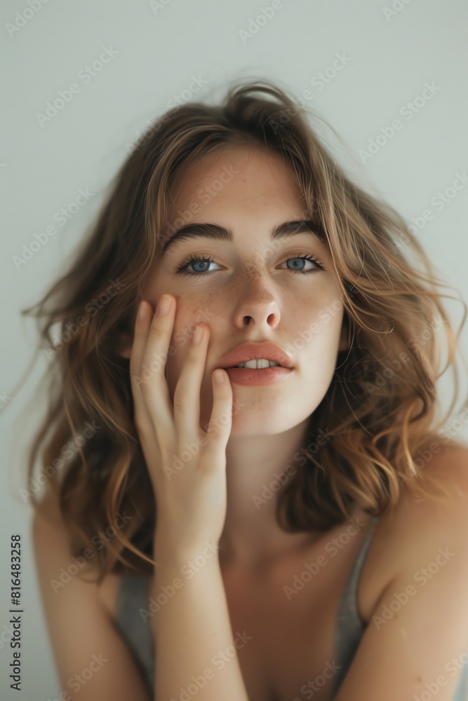 Woman looking into the camera with a relaxed, natural expression, her hand gently touching her chin against a soft white background Woman looking into the camera with a relaxed, natural expression, her hand gently touching her chin against a soft white background