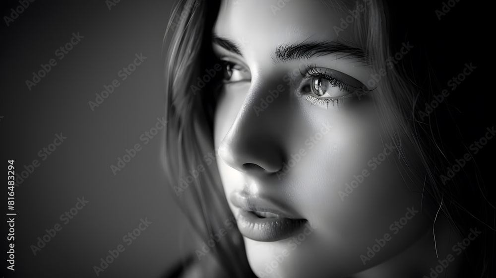 Fototapeta premium High contrast black and white portrait of a beautiful girl : Generative AI