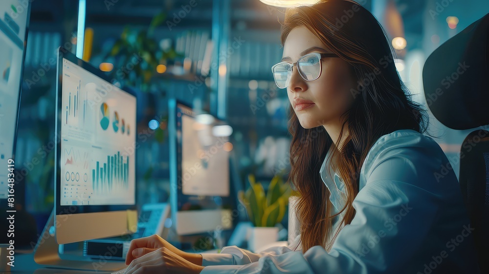 Fototapeta premium In a dynamic office environment, an HR manager utilizes ERP software to streamline employee management tasks, showcasing the integration of technology in HR operations. 