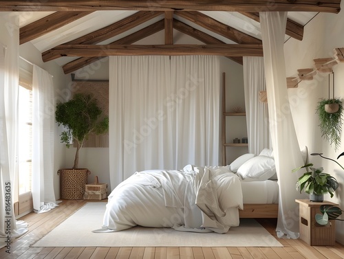 Airy LoftStyle Bedroom with Exposed Wooden Beams and VintageModern Furnishings Exuding Calm and photo