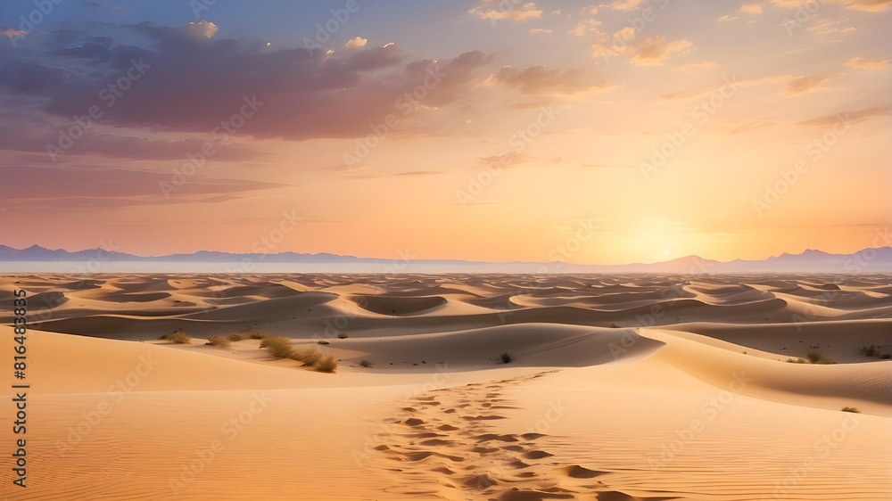 Fototapeta premium : A serene desert landscape at sunset, with sand dunes stretching as far as the eye can see. --ar 3:2 --v 4