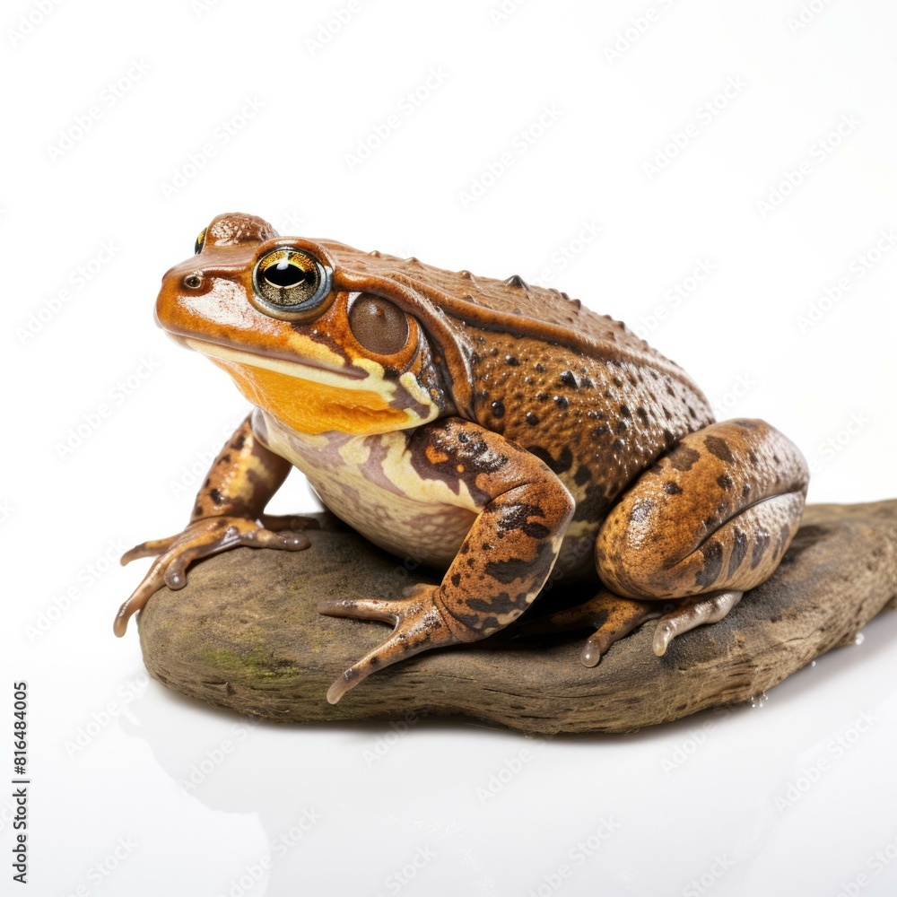 A brown frog sits on a log, looking out at the world with its big, yellow eyes. AI. A brown frog sits on a log, looking out at the world with its big, yellow eyes. AI.