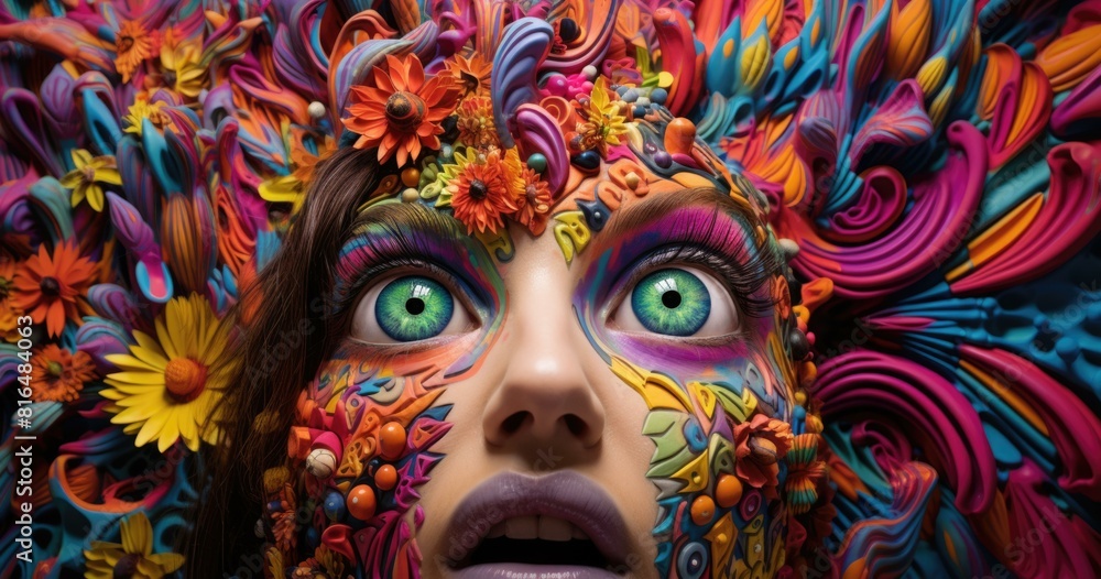 A woman's face is covered in colorful 3D flowers and other objects. AI. A woman's face is covered in colorful 3D flowers and other objects. AI.
