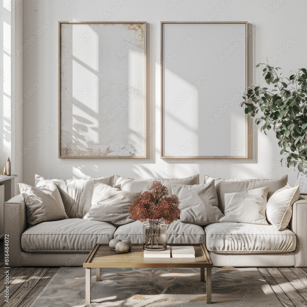 Fototapeta premium A white couch sits in front of a large window