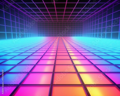 Colorful glowing neon square tiles floor with laser grid sci-fi retro background