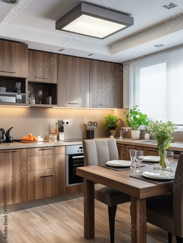 A stylish modern kitchen with wood cabinets and stainless steel appliances. AI.