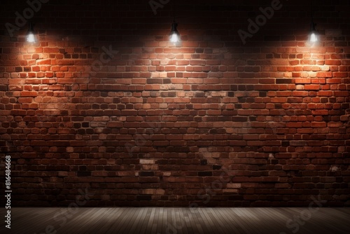 Exposed brick wall illuminated by three spotlights.