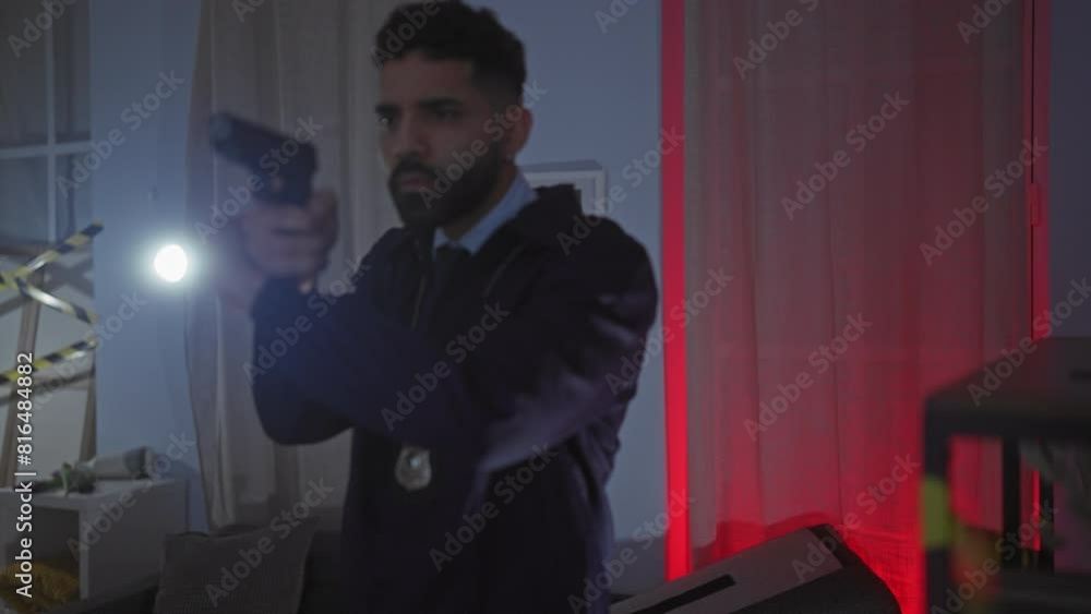 A man with a flashlight and badge in a low-lit room investigates a premise, simulating a detective at a crime scene. A man with a flashlight and badge in a low-lit room investigates a premise, simulating a detective at a crime scene.