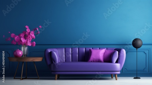 Living room interior with velvet purple sofa  pink pillows  and blue wall.