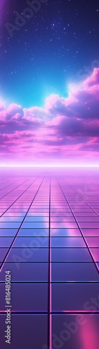 Synthwave landscape with a bright pink sky and a blue grid floor. © tohceenilas