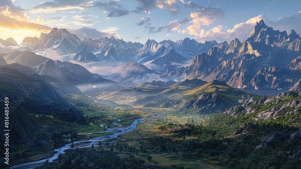 Scenic sight of mountains and valleys Scenic sight of mountains and valleys