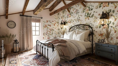 Inviting FarmhouseStyle Bedroom Vaulted Ceilings adorned with Wooden Beams and a Comforting Vintage