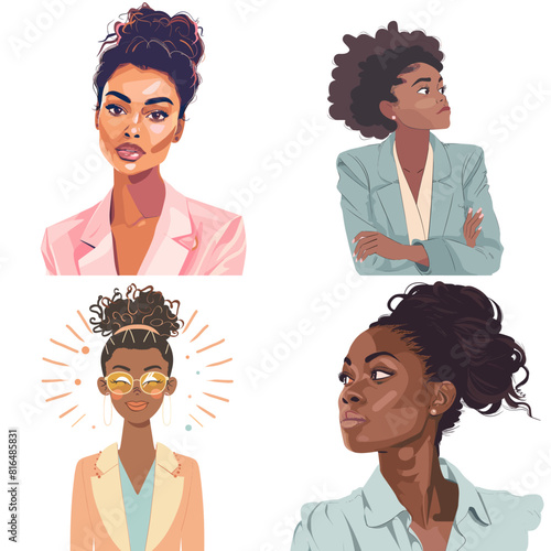 Set of portraits of dark-skinned women with curly hair. Diversity. Vector flat illustration. Avatar for social networks. Vector flat illustration