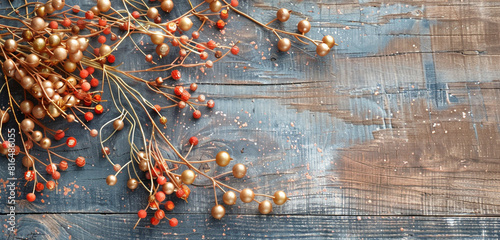 Memorial Day decor with salmon and gold berries on a faded wooden surface.
