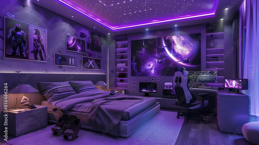 A teenager's gaming room with a bed and posters on the wall, all in shades of purple A teenager's gaming room with a bed and posters on the wall, all in shades of purple