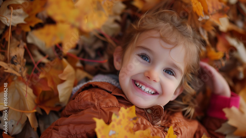 Happy child playing in vibrant autumn leaves  lying on the ground with a radiant smile and sparkling eyes  capturing the essence of joyful childhood moments and the beauty of fall season