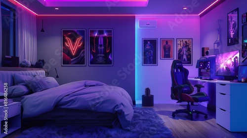 A teenager's gaming room with a bed and posters on the wall, all in shades of purple photo