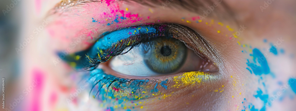 Closeup macro eye of female with colorful holi make up. 
