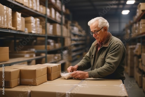 Senior warehouse worker packing cardboard box order photo
