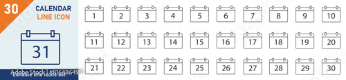 Calendar icons Pixel perfect. Calendar icon set. Set of 30 outline icons related to calendar, time, date. Linear icon collection. Editable stroke. Vector illustration.