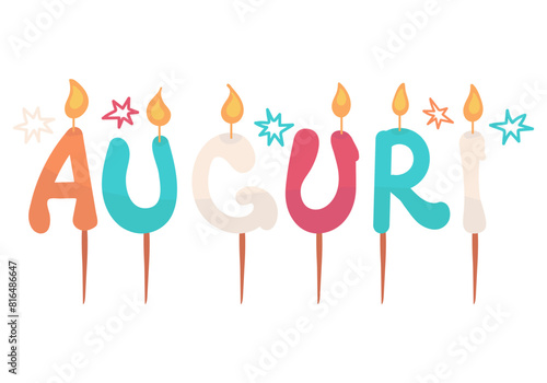 Auguri - Birthday, congratulation candles in italian language. Birthday, celebration letters. Birthday candles. Vector illustration