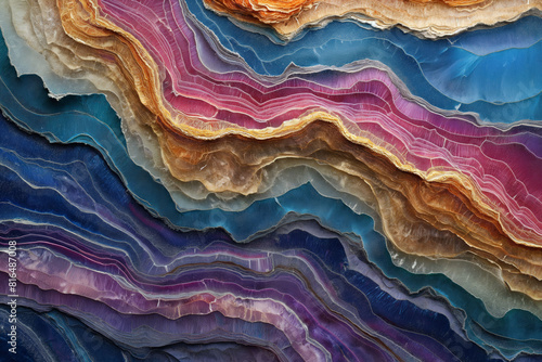 A close-up view of layered agate stone showcasing a rich tapestry of colors and natural patterns, emphasizing beauty and geology. 