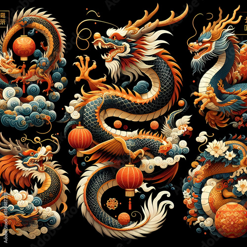 Lunar New Year-themed compositions with dragons as symbols © jony