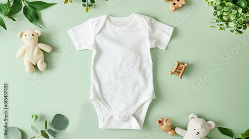 infant onesie on green background with leaves and baby toys photo