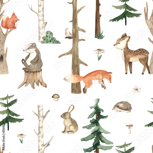 Watercolor seamless pattern with forest animals, fox, squirrel, deer, hare, bird, trees, fir tree, evergreens, for prints, textures, scrapbooking