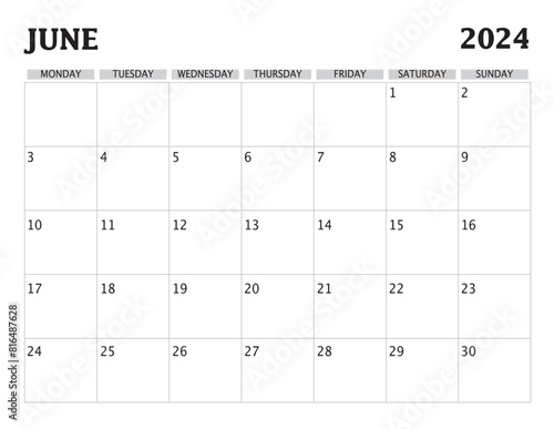 2024 June simple calendar, monday start