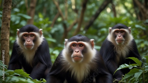 Group of Black-and-White Colobus Monkeys in Lush Forest Setting photo